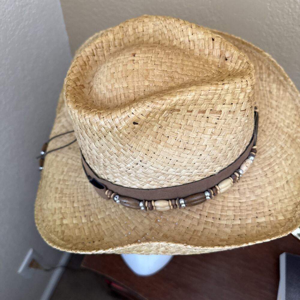 Henschel Hat Co Straw Cowboy Hat Medium With Leather And Beads Hatband Made USA - Picture 9 of 14
